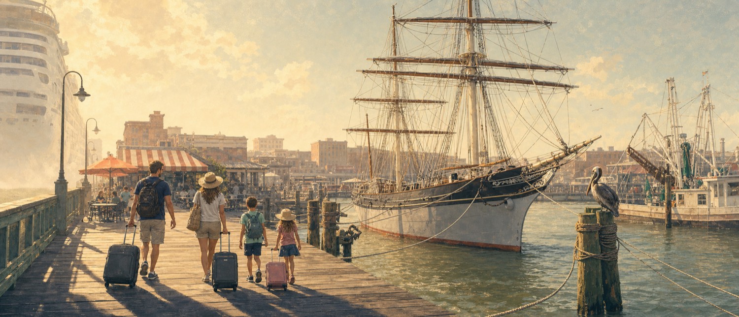 Illustration of a debarkation-morning walk from the Galveston cruise terminal toward town