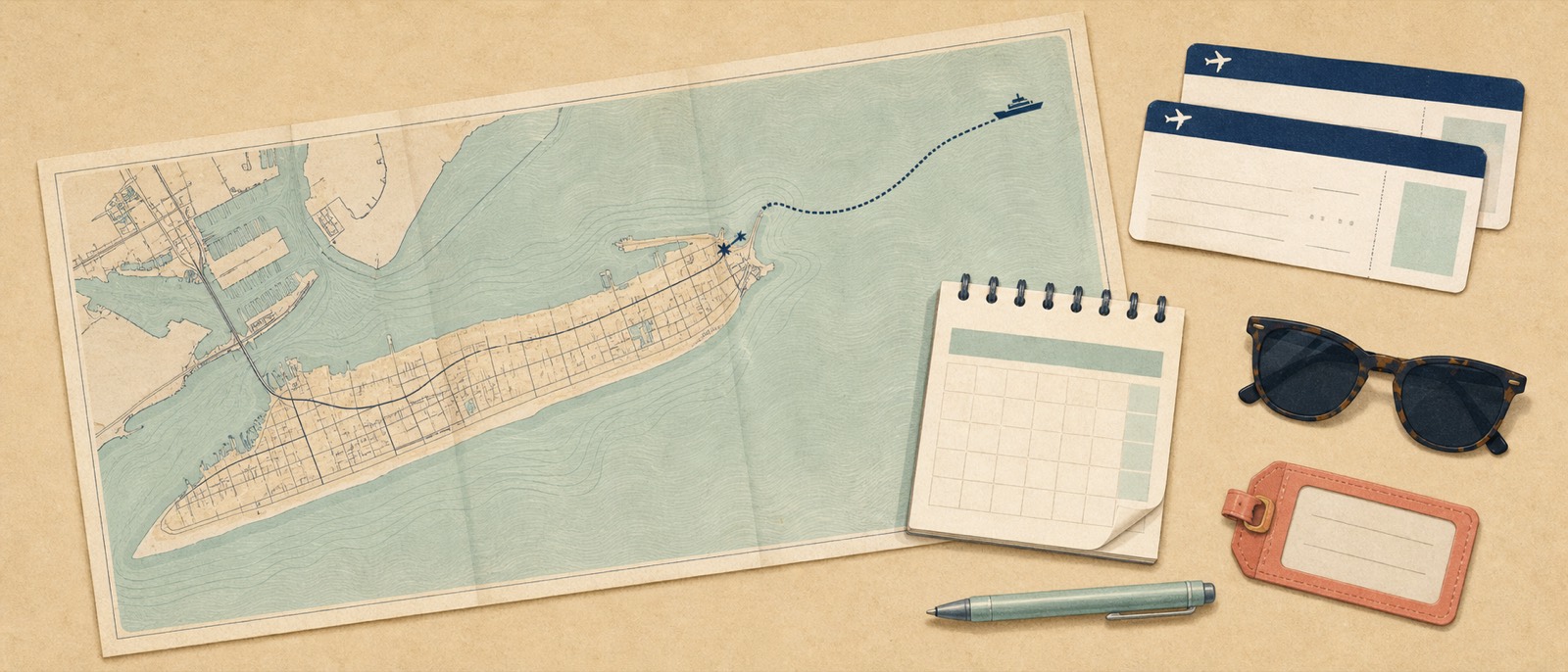 Illustration of a cruise trip-planning flat lay with a Galveston island map