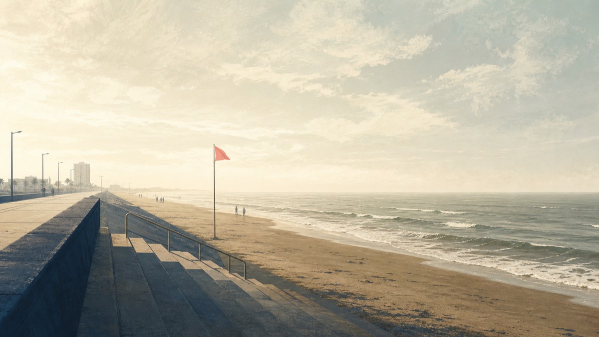 Illustration of the Galveston Seawall steps down to a red-flag Gulf surf