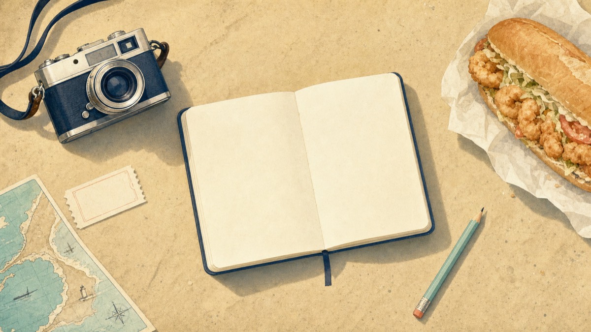 Illustration of a Galveston island field-notes flat lay