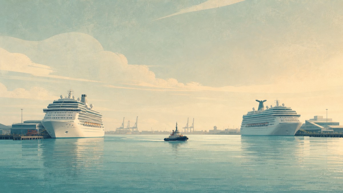 Illustration of two cruise ships and a tug in the Galveston harbor