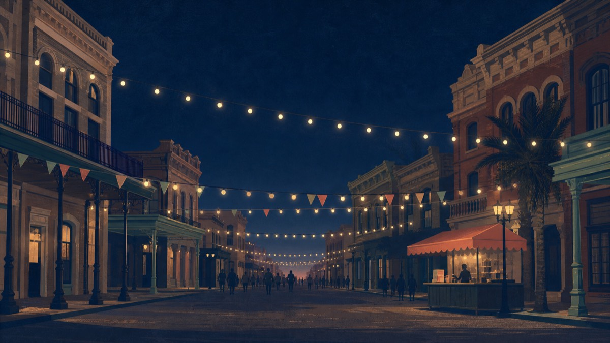 Illustration of a Strand street strung with festival lights and bunting at dusk