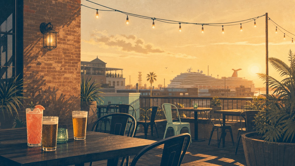 Illustration of a golden-hour Galveston patio with a cruise ship over the rooftops
