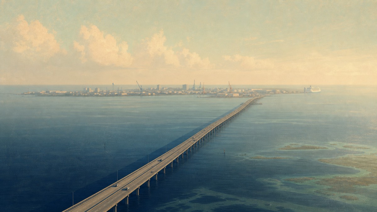 Illustration of the causeway crossing to Galveston Island