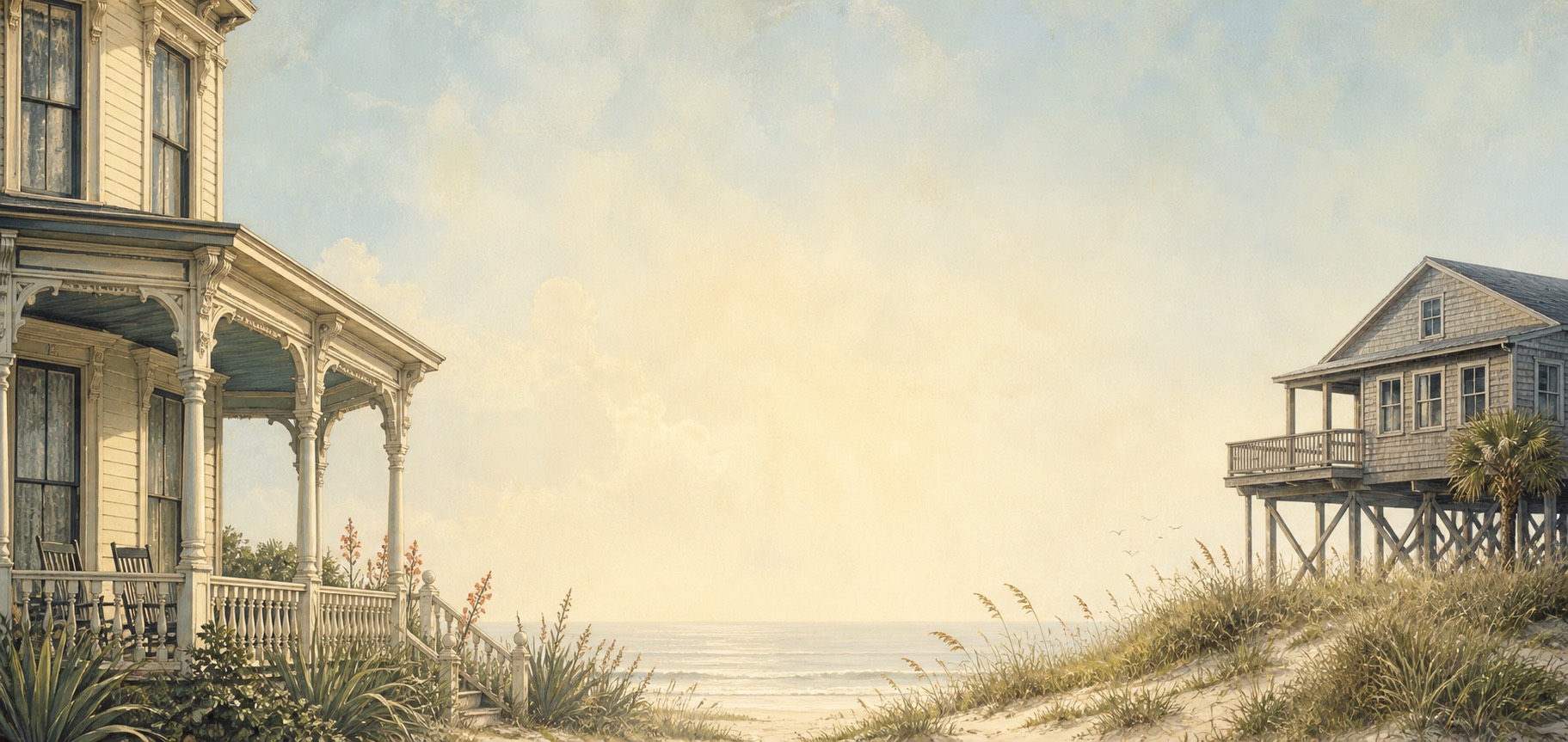 Illustration of a Victorian Galveston hotel beside a raised West End beach house