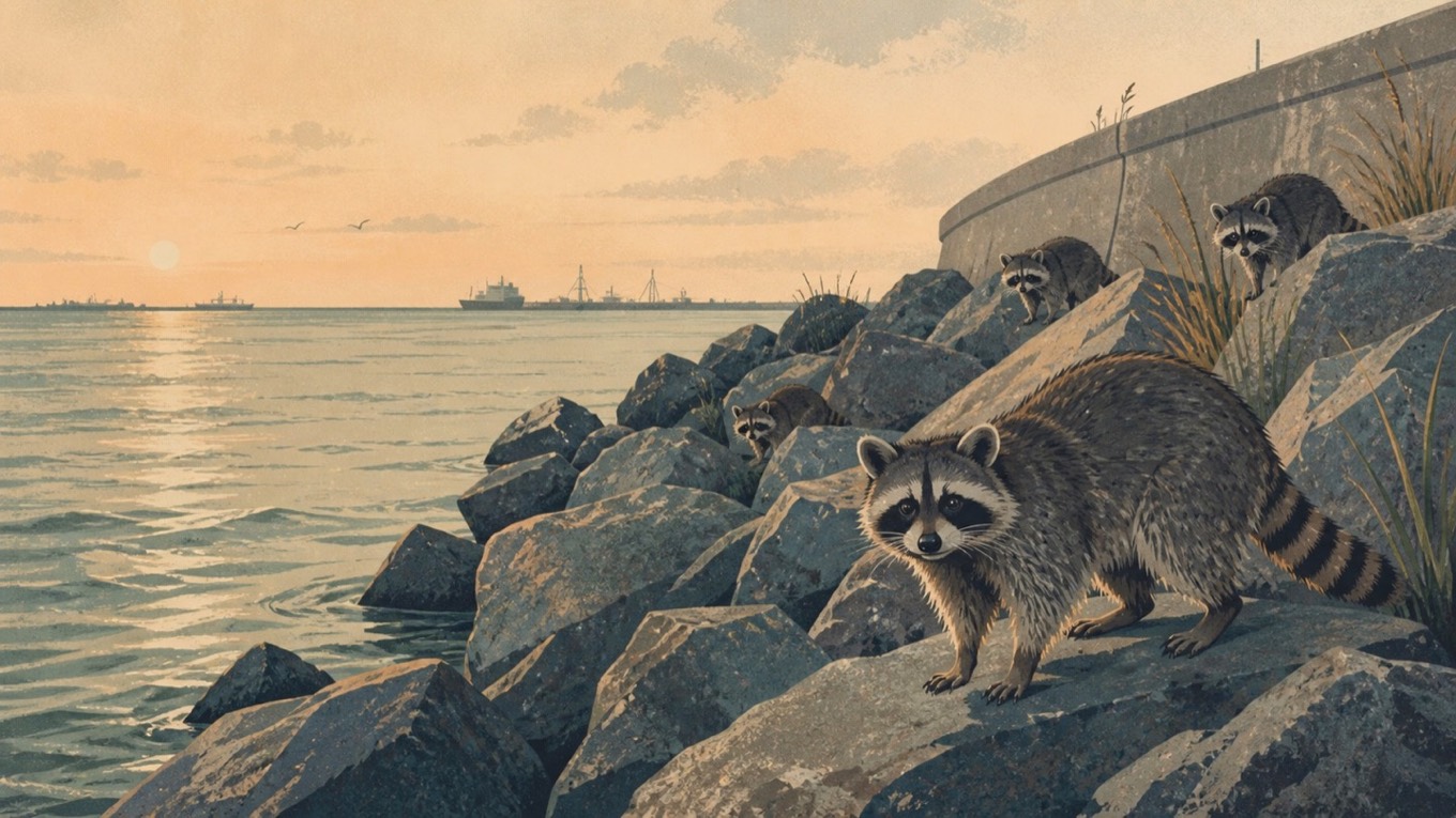 Editorial illustration of wild raccoons among granite rocks at the eastern Galveston seawall