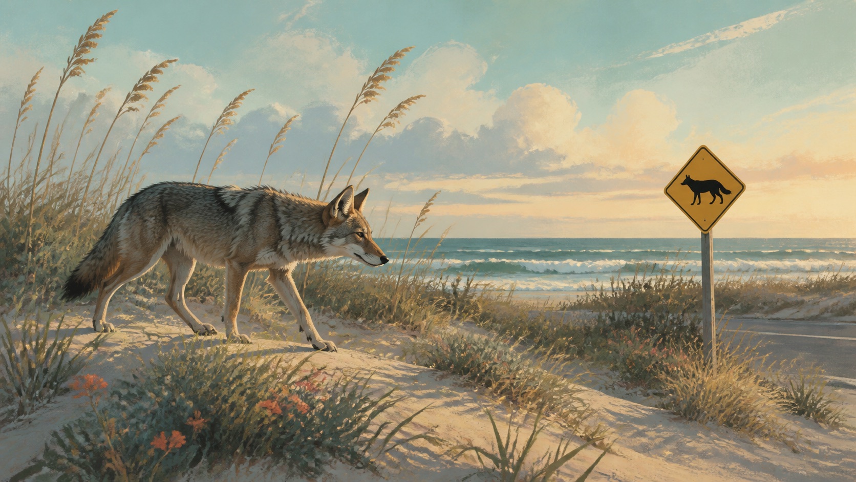 Editorial illustration of a Galveston ghost wolf moving through coastal dunes beside a wildlife crossing sign