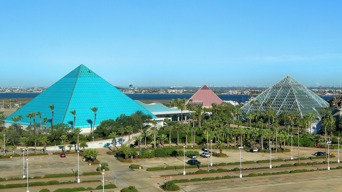 The Moody Gardens pyramids lit up