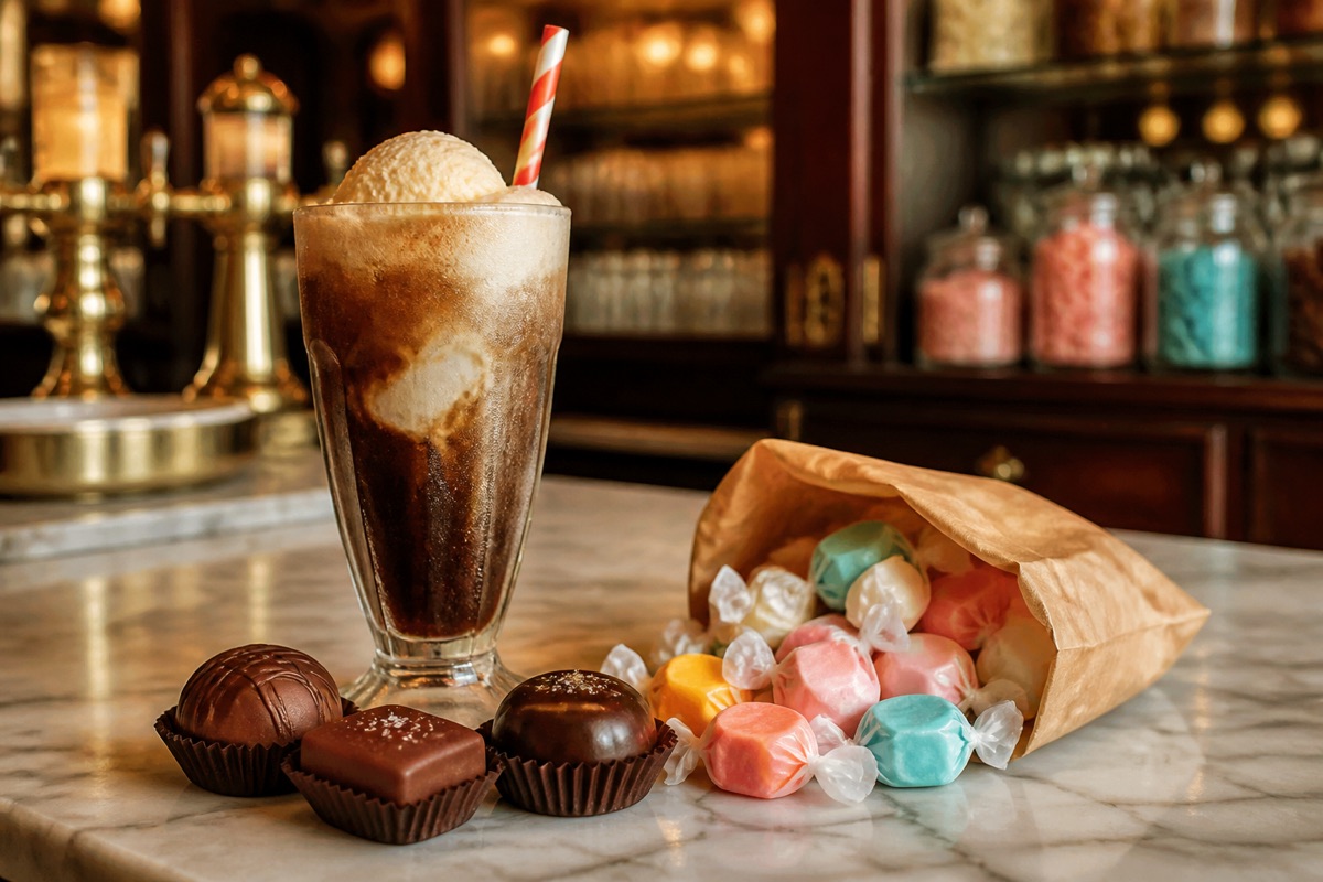 Representative soda-fountain float, wrapped taffy, and chocolates on a marble counter