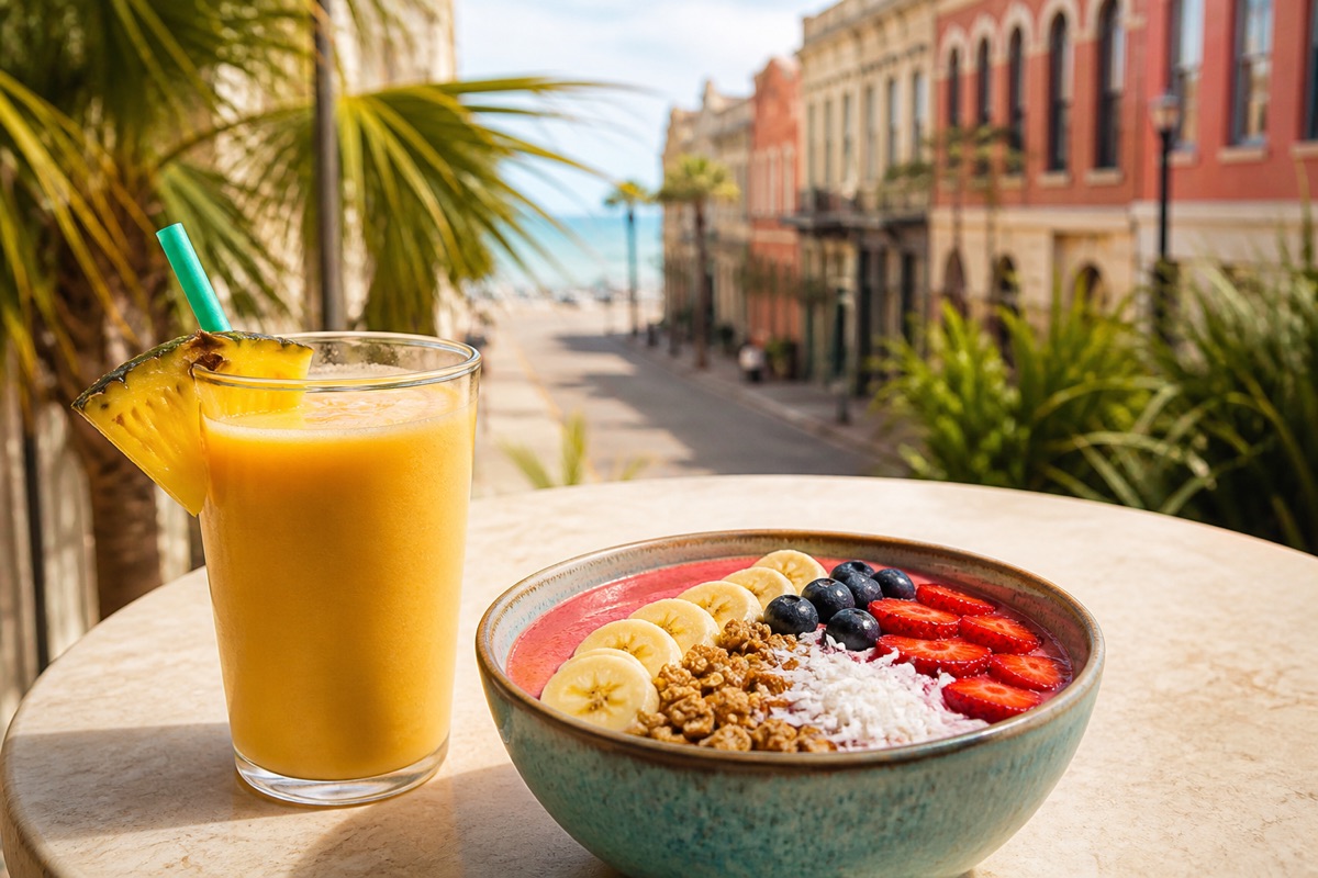 Representative tropical smoothie and fruit bowl near downtown Galveston