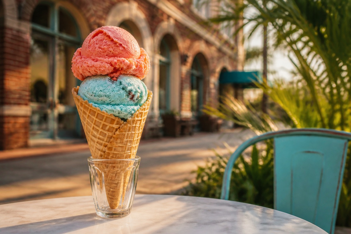 Representative double-scoop ice cream cone outside a downtown coastal storefront