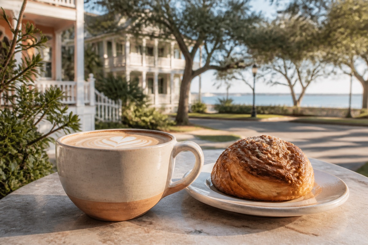 Representative latte and pastry on a quiet island neighborhood patio